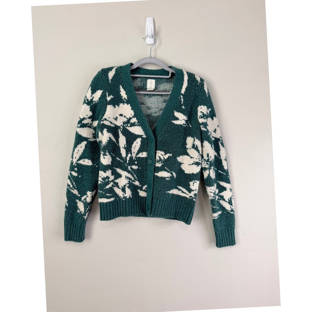 Joie Womens Floral Cardigan Sweater Green Cream V-Neck Button Front Knit L